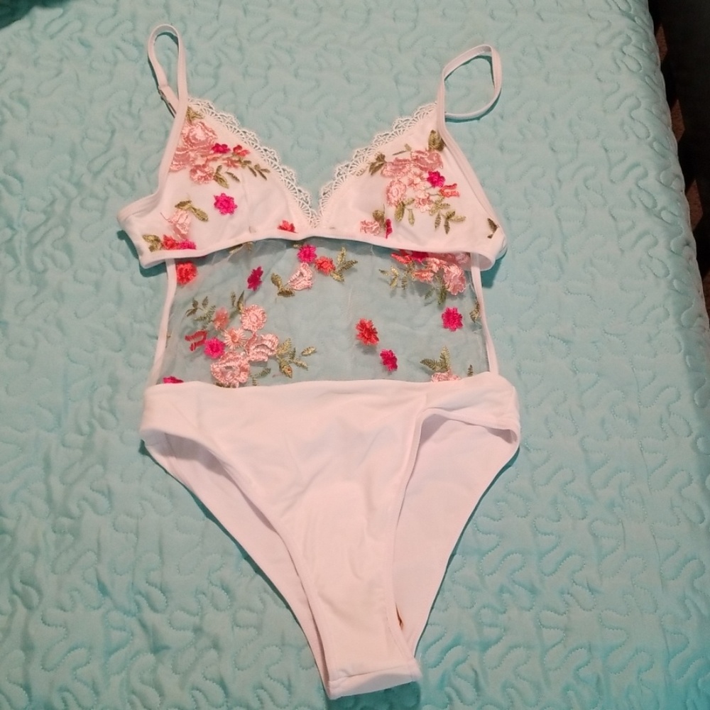White monokini with embroidered mesh